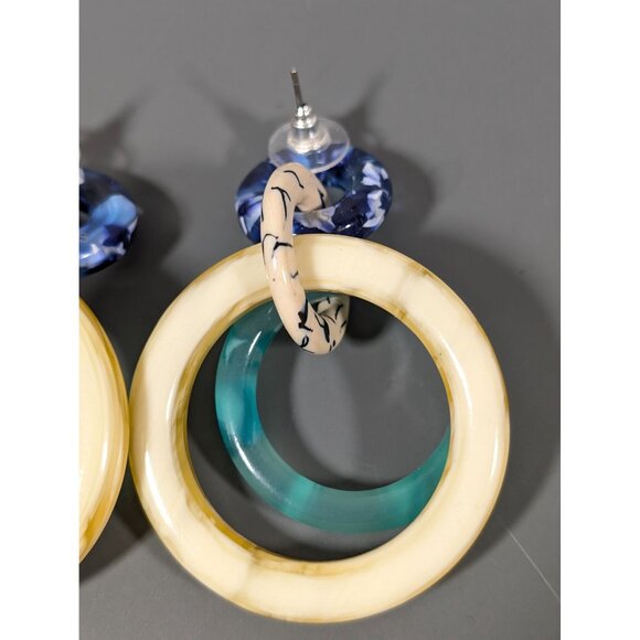 Lele Sadoughi Double Ring Drop Earrings Blue Green Oversized MINT - Picture 3 of 7